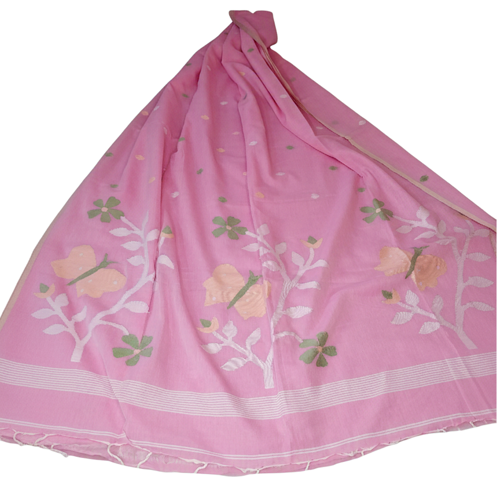 🌸 Dreamy Pink Malmal Cotton Jamdani Saree with Blouse Piece 🦋 - View 3