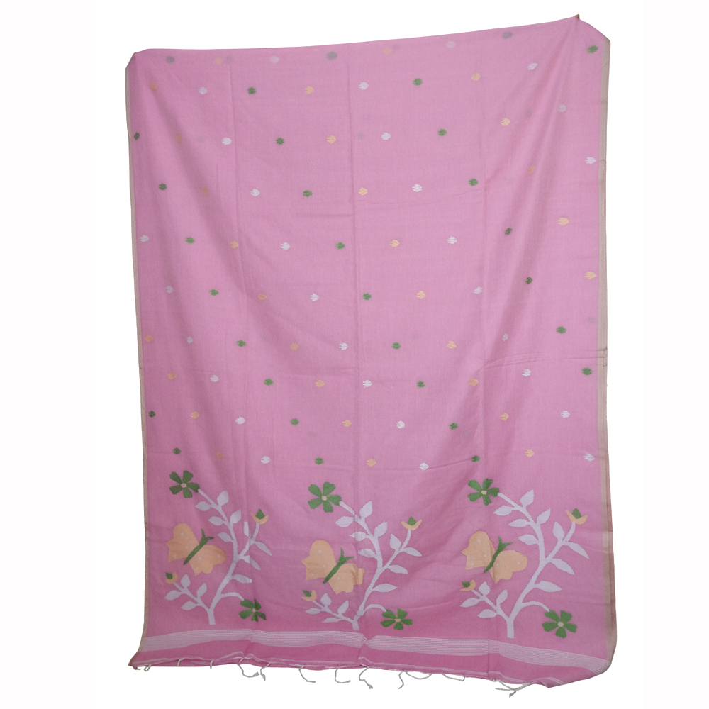🌸 Dreamy Pink Malmal Cotton Jamdani Saree with Blouse Piece 🦋 - View 4