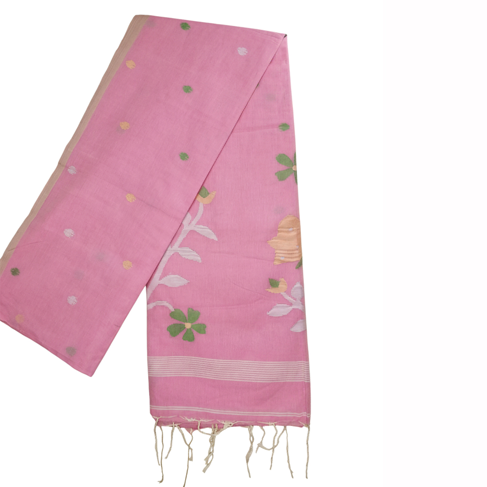🌸 Dreamy Pink Malmal Cotton Jamdani Saree with Blouse Piece 🦋 - View 5