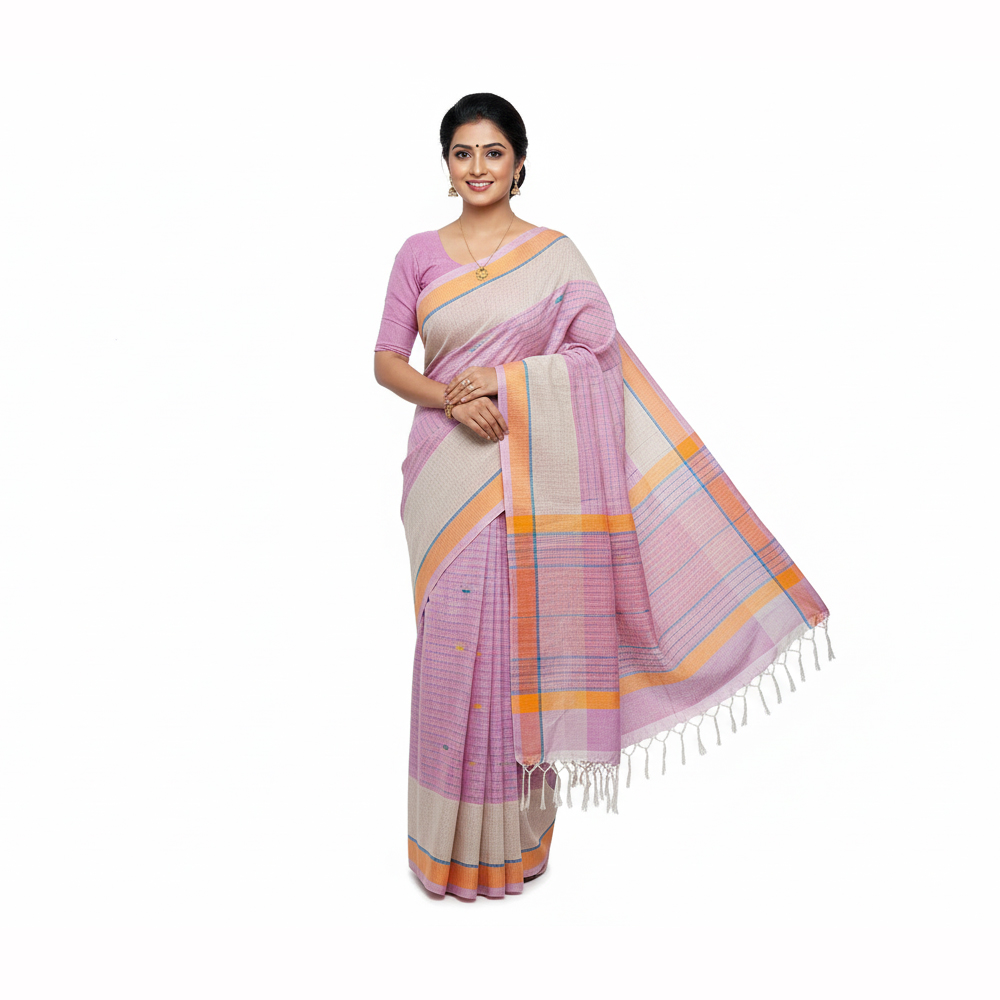 💖 Handloom Heritage: Pure Cotton Check Saree with Contrast Border & Buti Work