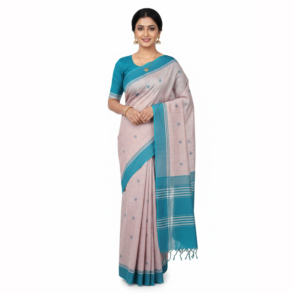 🌟 Serene Sophistication: Handloom Pure Cotton Saree in Pink & Teal