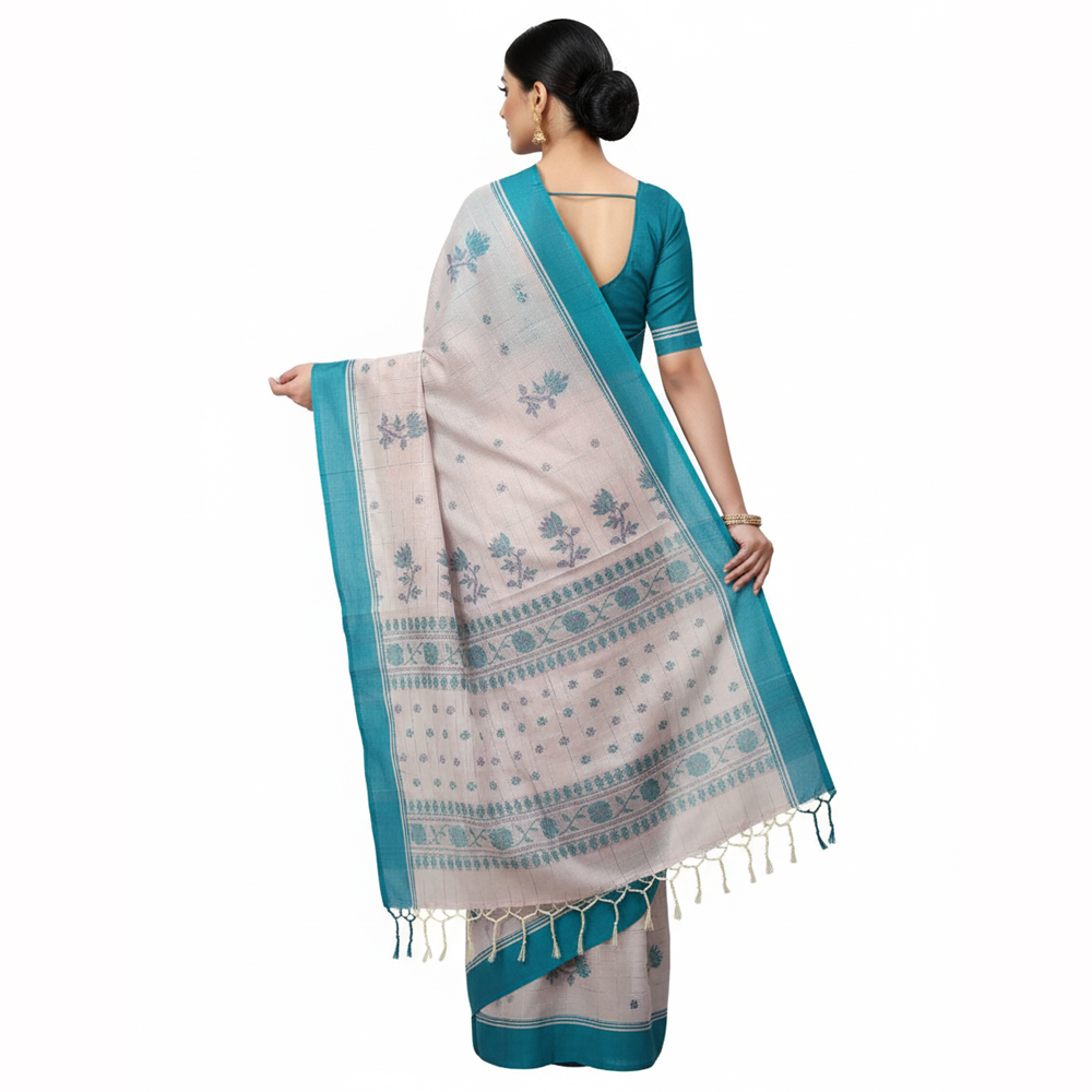 🌟 Serene Sophistication: Handloom Pure Cotton Saree in Pink & Teal - View 2