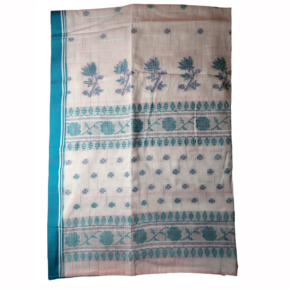 🌟 Serene Sophistication: Handloom Pure Cotton Saree in Pink & Teal - View 3