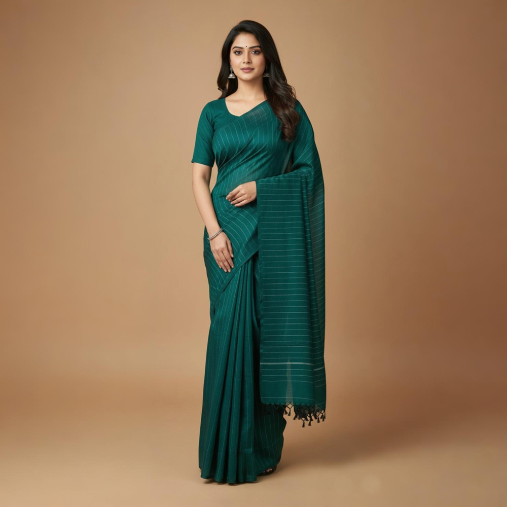 Elegant Deep Green Handloom Cotton Saree (5.5 Meters) - View 4