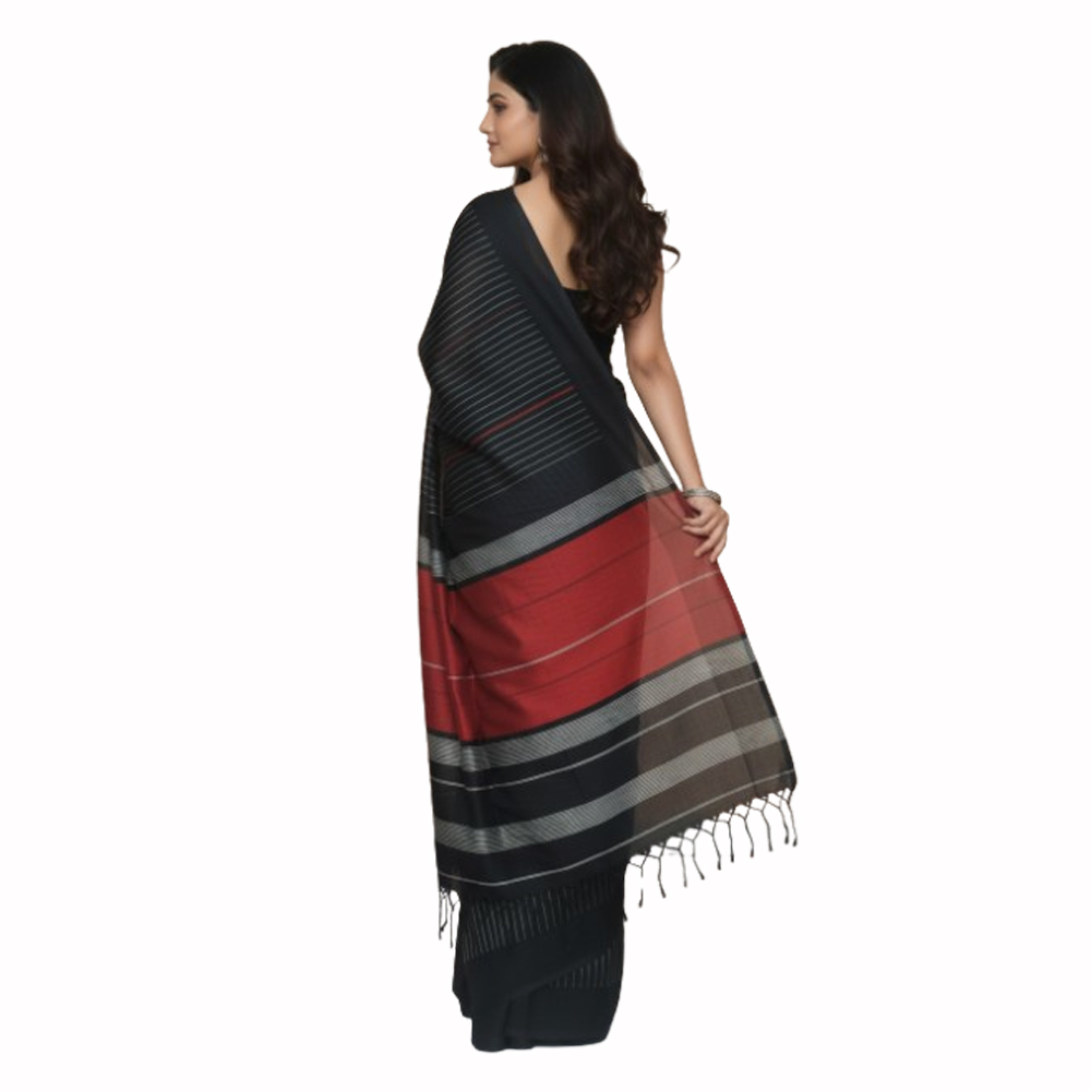 🖤 Striking Black & Multi-Stripe Handloom Cotton Saree (5.5 Meters) - View 3