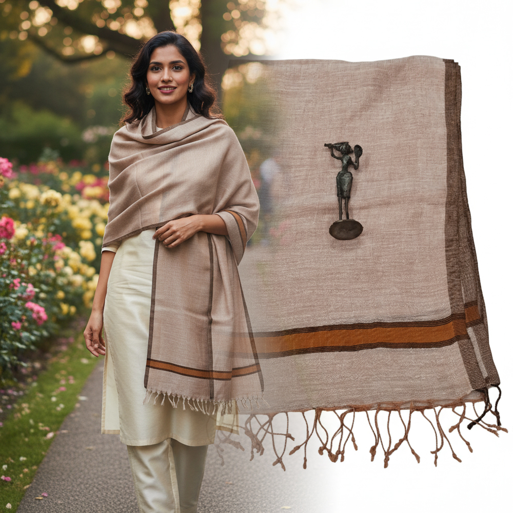 🌿 Handwoven Elegance: Pure Linen Stole with Accent Borders - View 4