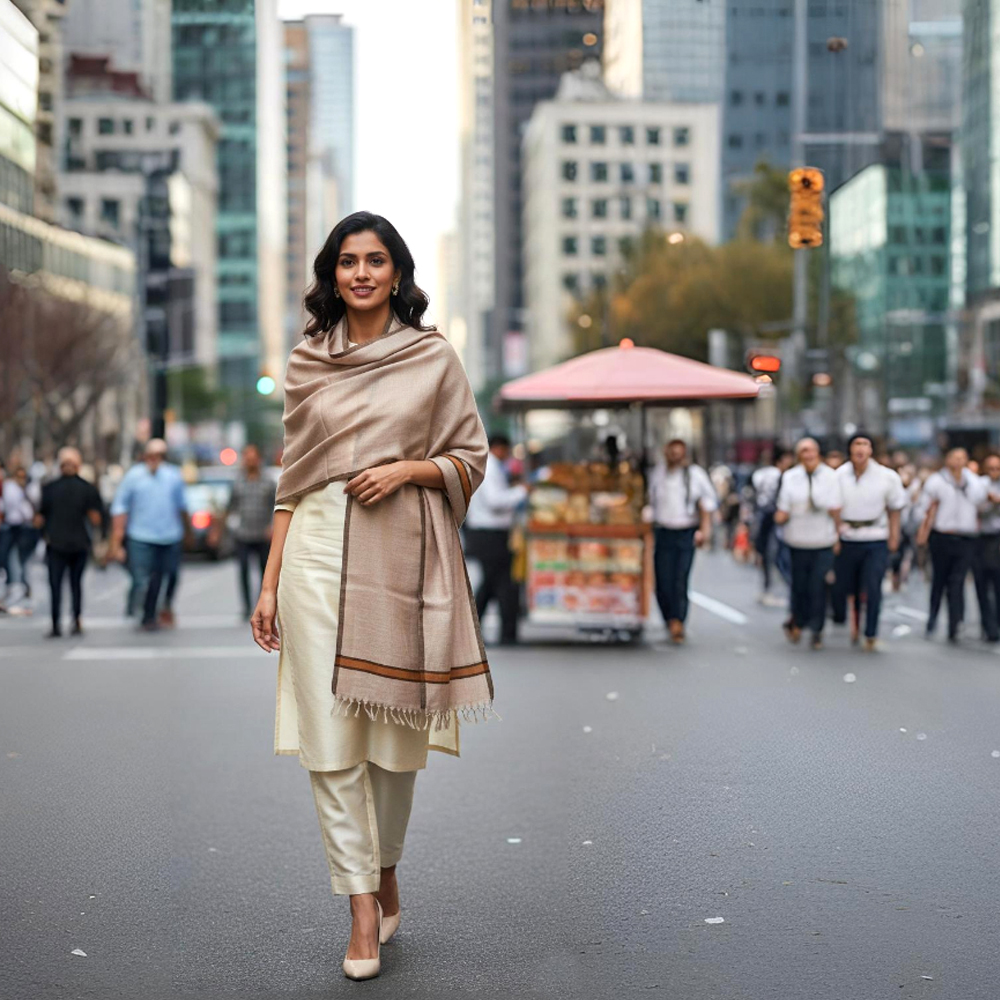 🌿 Handwoven Elegance: Pure Linen Stole with Accent Borders - View 3