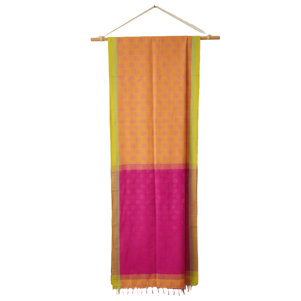 Handloom Pure Cotton Saree (5.5m) | Striking Yellow-Orange & Rani Pink Dual Tone with Heart Buti Weave | Lightweight