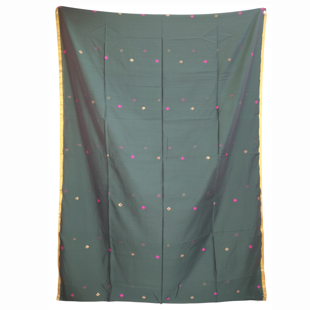 💚 Traditional Elegance: 100% Pure Cotton Mina Buti Saree (Bottle Green) -- With Blouse Piece-Cotton Count 101