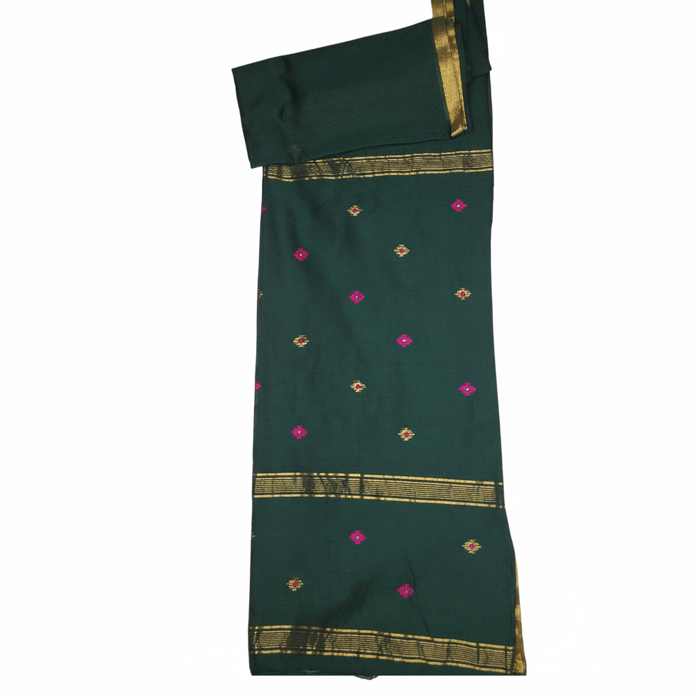 💚 Traditional Elegance: 100% Pure Cotton Mina Buti Saree (Bottle Green) -- With Blouse Piece-Cotton Count 101 - View 5