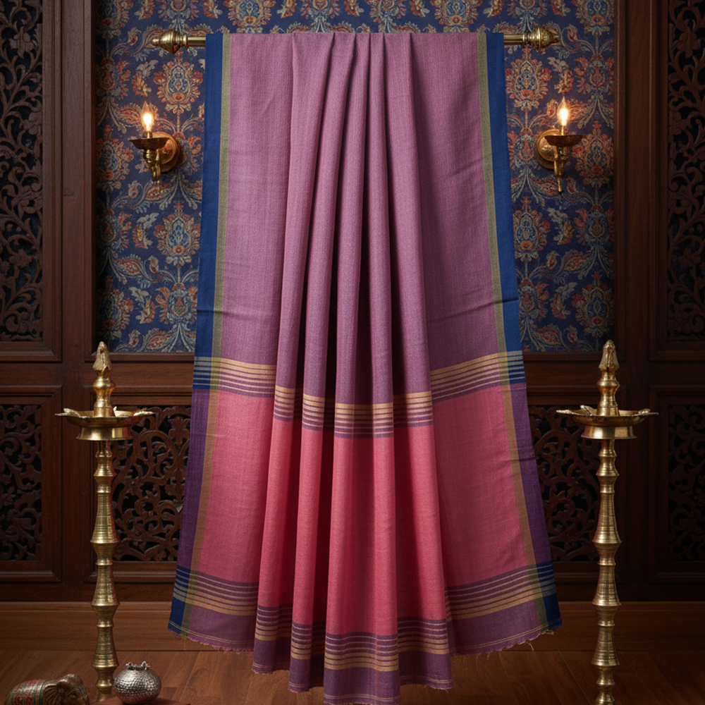Handwoven Linen Maroon and Navy Blue Combination Saree with Blouse Piece | With Blouse