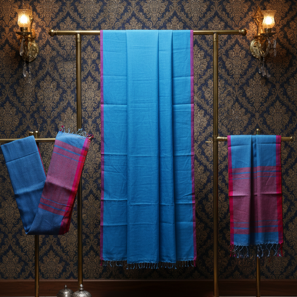 Dual-Tone Handwoven Linen Saree with Blouse Piece | Teal Blue and Maroon with accents of Fuchsia Pink