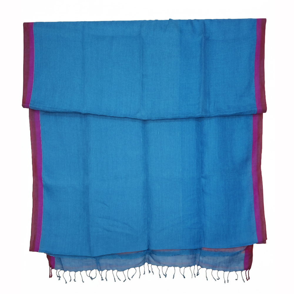 Dual-Tone Handwoven Linen Saree with Blouse Piece | Teal Blue and Maroon with accents of Fuchsia Pink - View 3