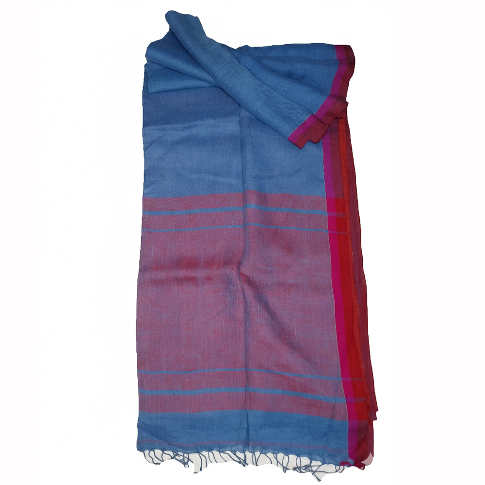 Dual-Tone Handwoven Linen Saree with Blouse Piece | Teal Blue and Maroon with accents of Fuchsia Pink - View 4