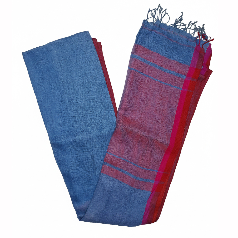 Dual-Tone Handwoven Linen Saree with Blouse Piece | Teal Blue and Maroon with accents of Fuchsia Pink - View 5