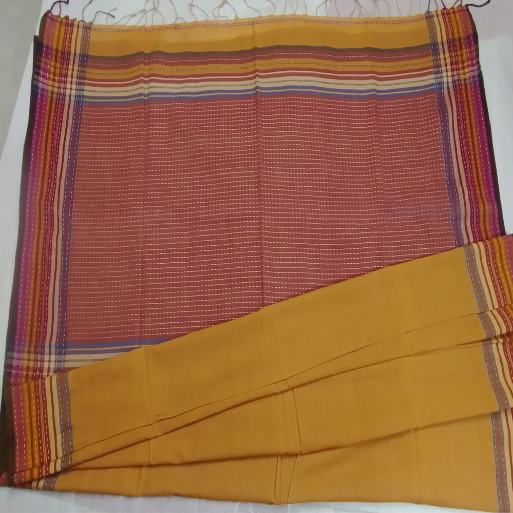 Earth-Tone Hand-Stitched Cotton Kantha Saree | warm ochre and deep terracotta | With Blouse Piece - View 2