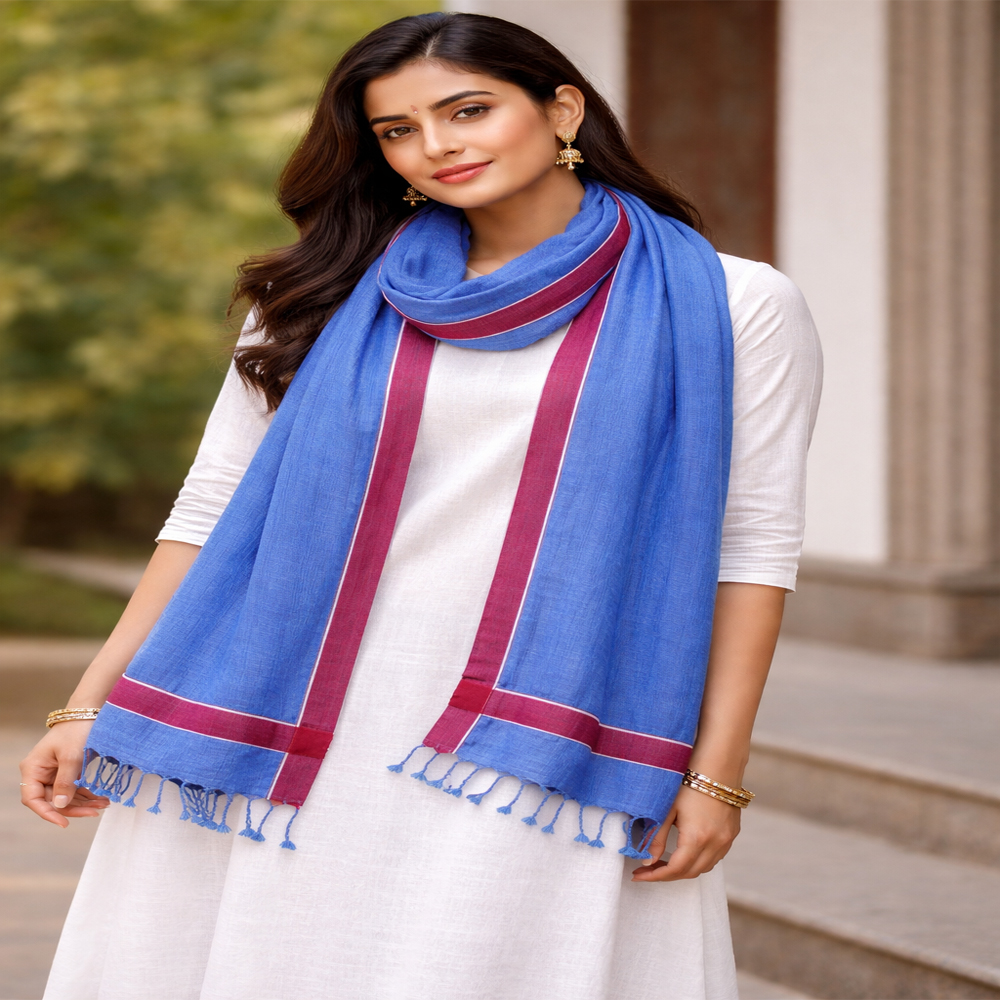 Handloom Pure Linen Stole in Royal Blue with Maroon Borders