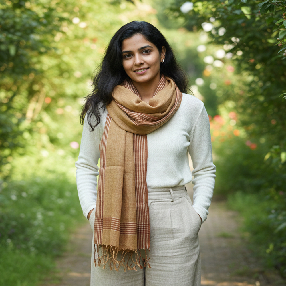 Handloom Pure Linen Stole in Mustard Gold with Natural Border