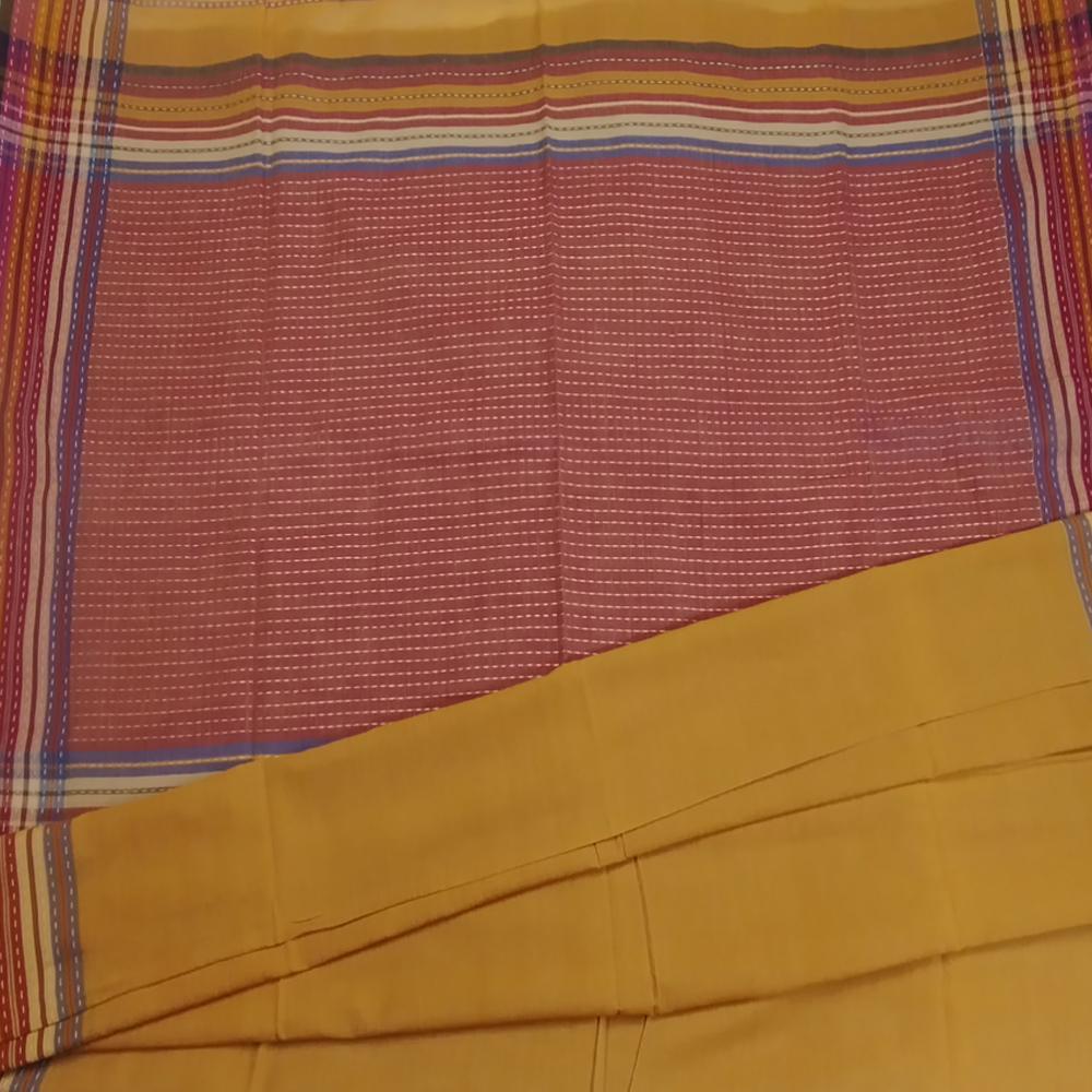 Earth-Tone Hand-Stitched Cotton Kantha Saree | With Blouse Piece - View 2