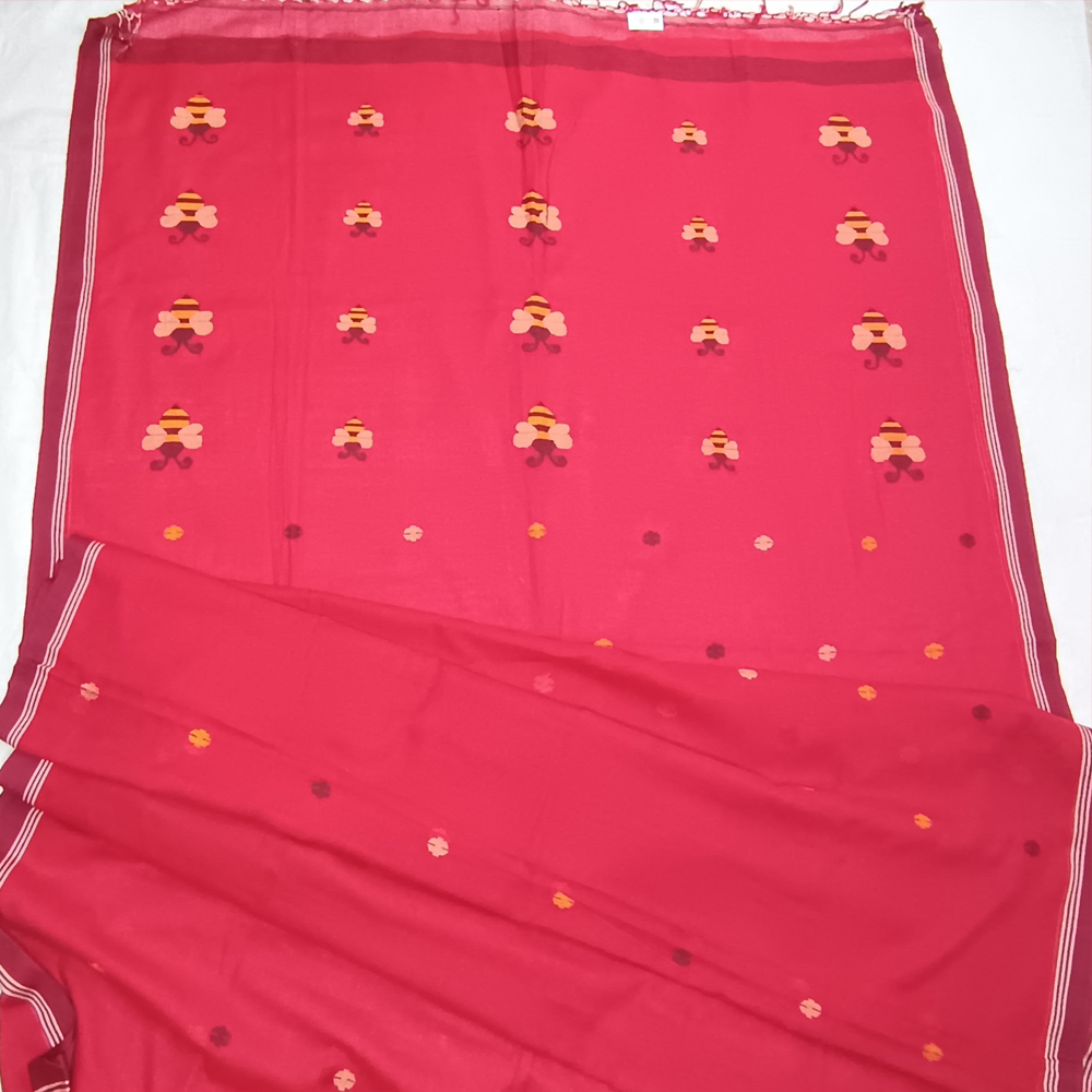 💖 Red Handloom Molmol Jamdani Saree (100% Pure Cotton) with Blouse Piece - View 2