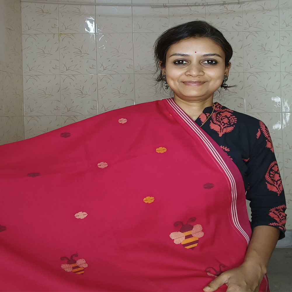 💖 Red Handloom Molmol Jamdani Saree (100% Pure Cotton) with Blouse Piece - View 4