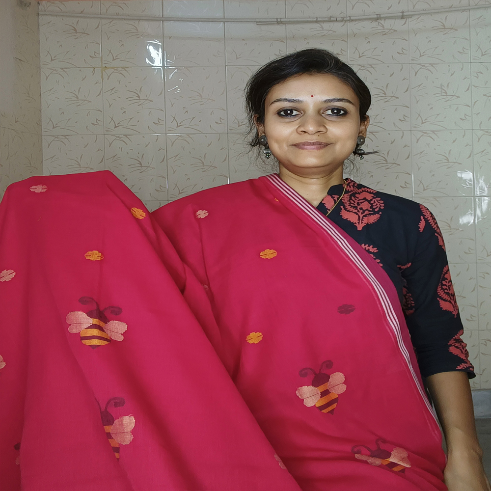 💖 Red Handloom Molmol Jamdani Saree (100% Pure Cotton) with Blouse Piece - View 5