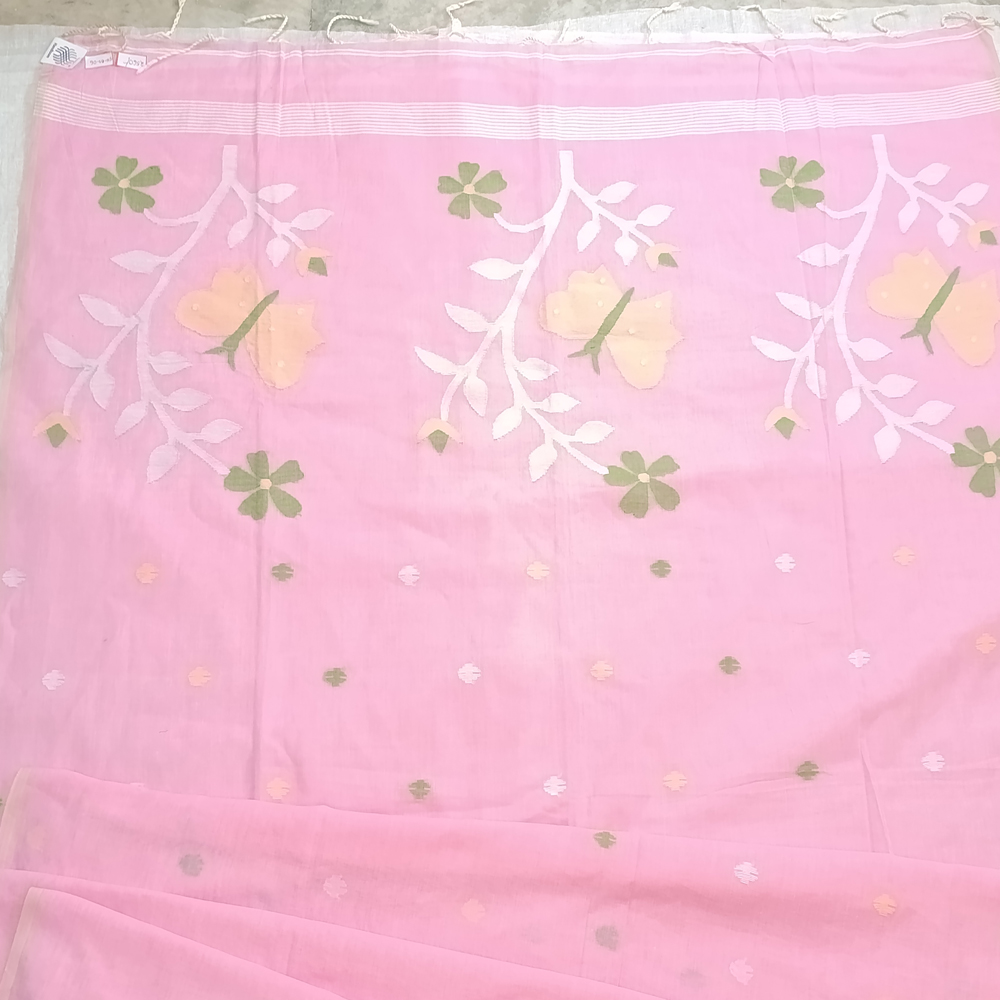 🌸 Dreamy Pink Malmal Cotton Jamdani Saree with Blouse Piece 🦋 - View 2
