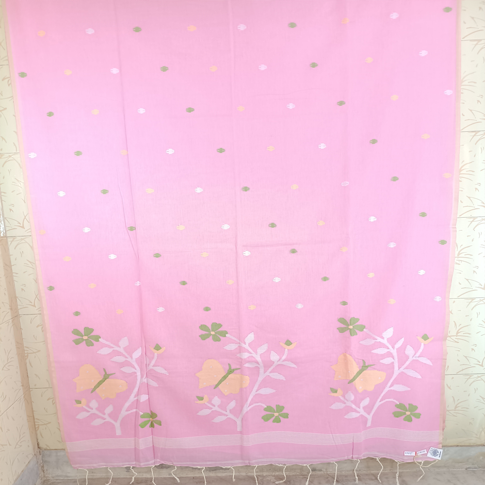 🌸 Dreamy Pink Malmal Cotton Jamdani Saree with Blouse Piece 🦋 - View 4