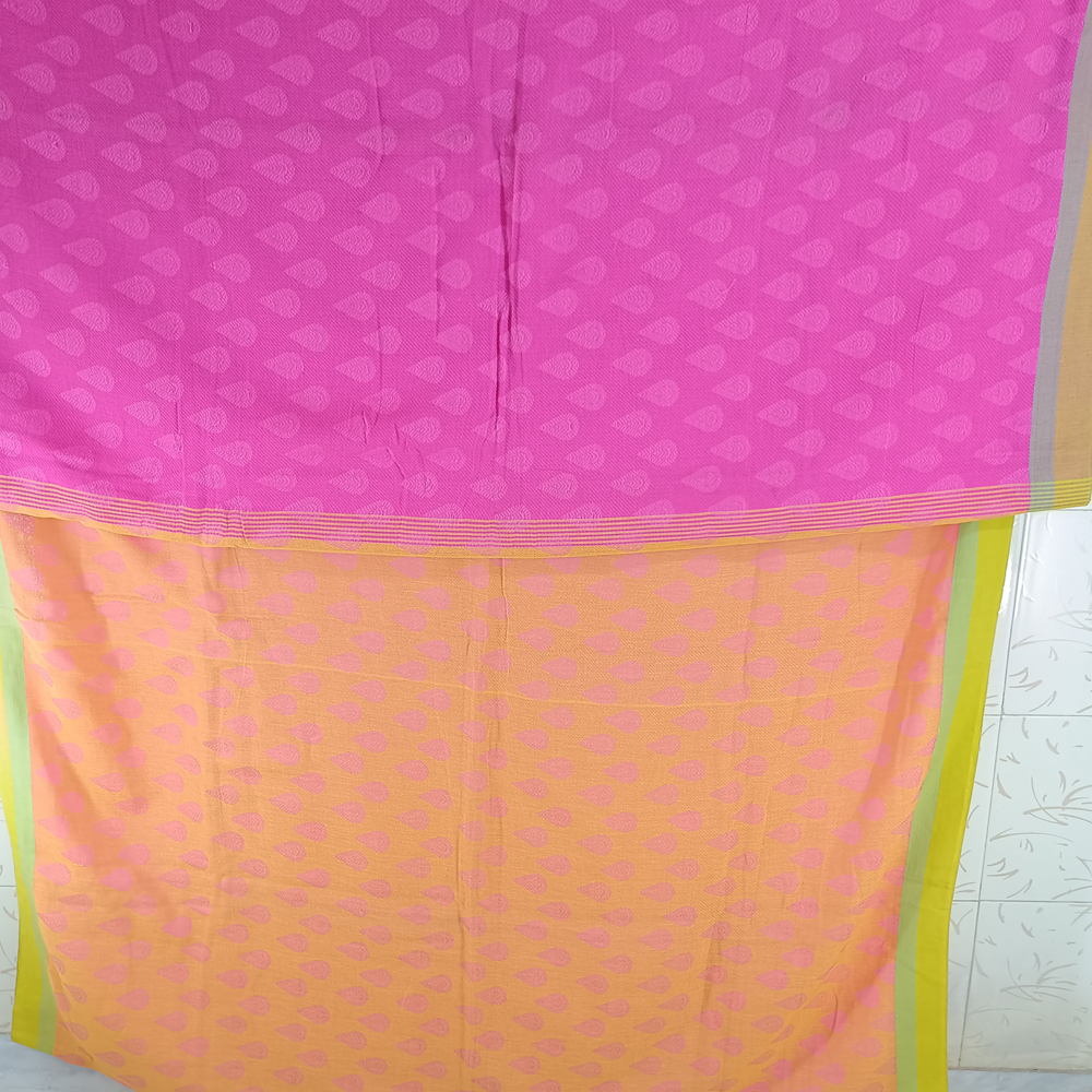 Handloom Pure Cotton Saree (5.5m) | Striking Yellow-Orange & Rani Pink Dual Tone with Heart Buti Weave | Lightweight - View 2