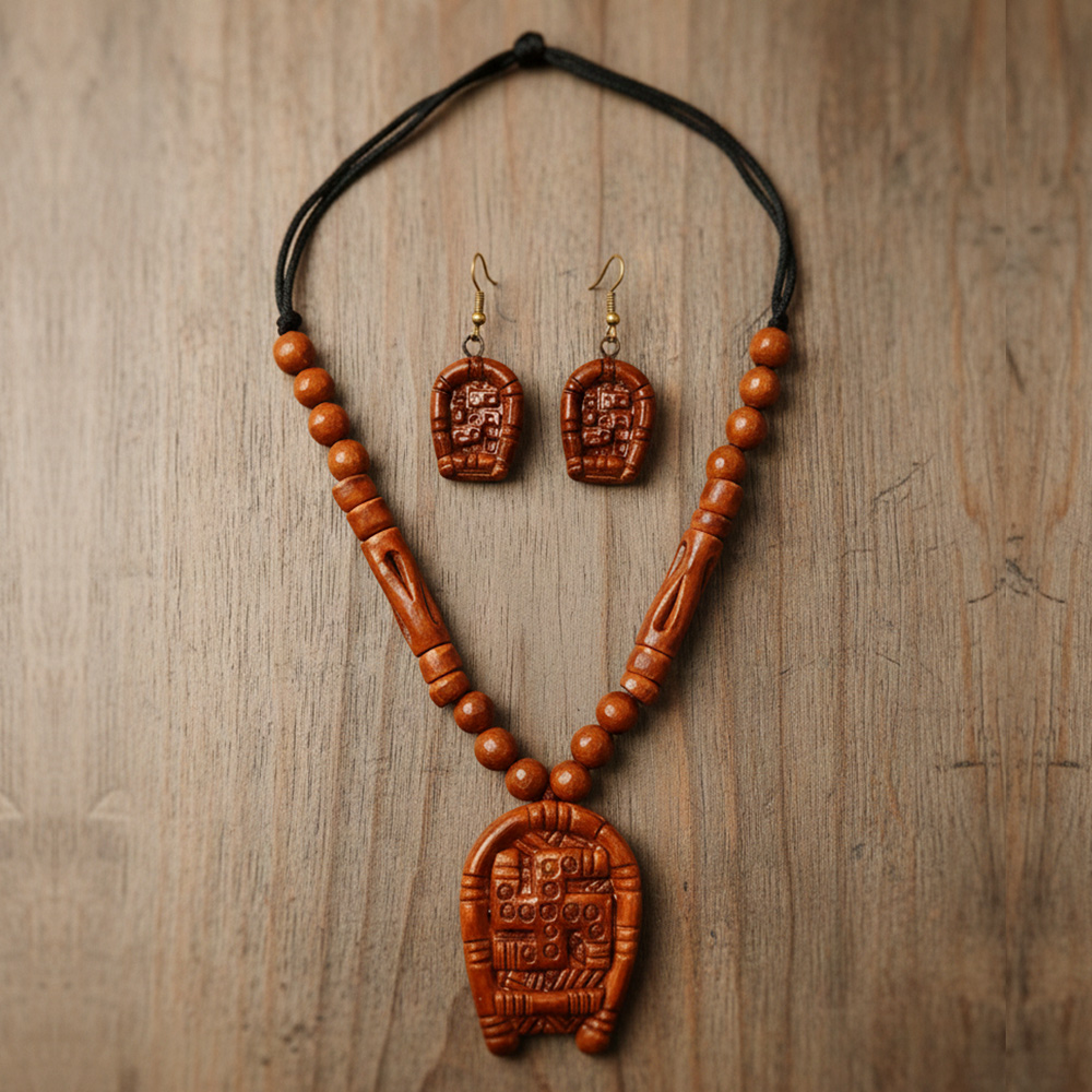 🏺 Handcrafted Terracotta Charm: Artisan Necklace & Earring Set - View 2