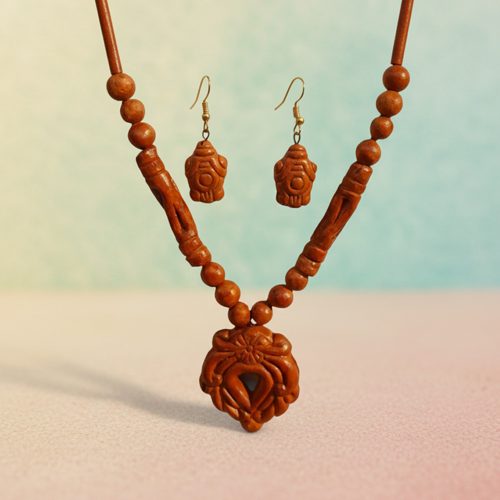 Handcrafted Terracotta Charm: Artisan Necklace & Earring Set - View 2