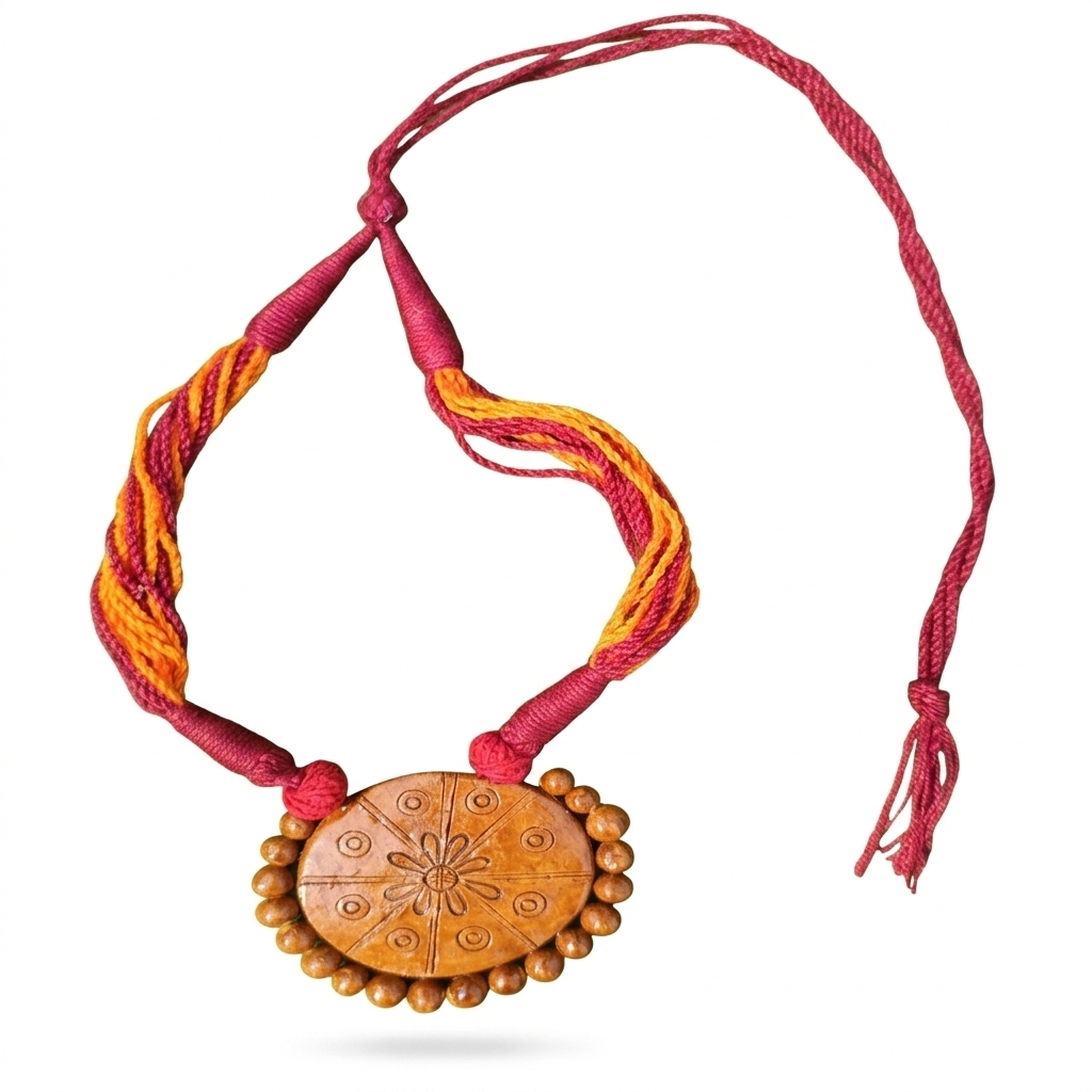 Hand-Etched Square Mandala Terracotta Necklace on Crimson Cord - View 4