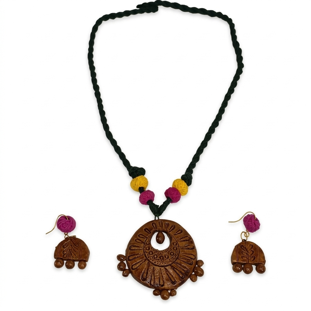 A large, semi-circular terracotta pendant with earrings - View 2