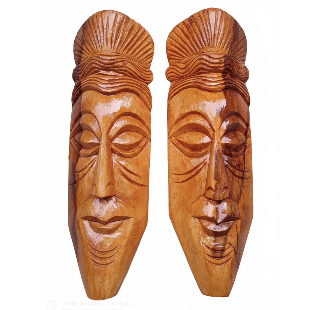🎭 Serene Hand-Carved Wooden Wall Masks (Set of 2) | 12 Inch