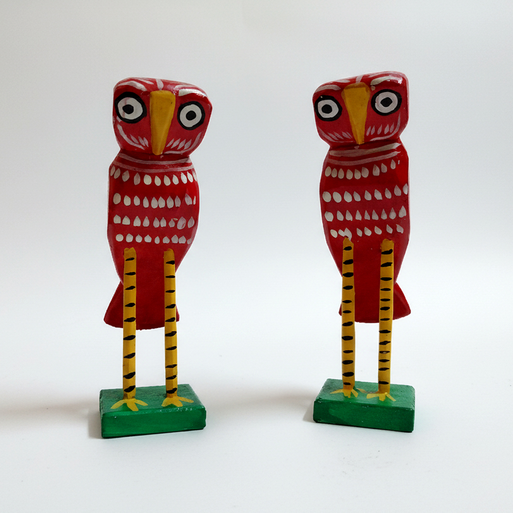 🦉 Striking Red & Yellow Long-Legged Wooden Owl (Set of 2)