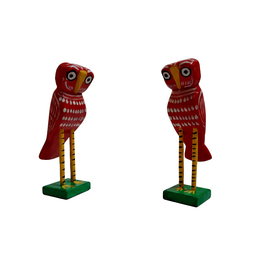 🦉 Striking Red & Yellow Long-Legged Wooden Owl (Set of 2) - View 2