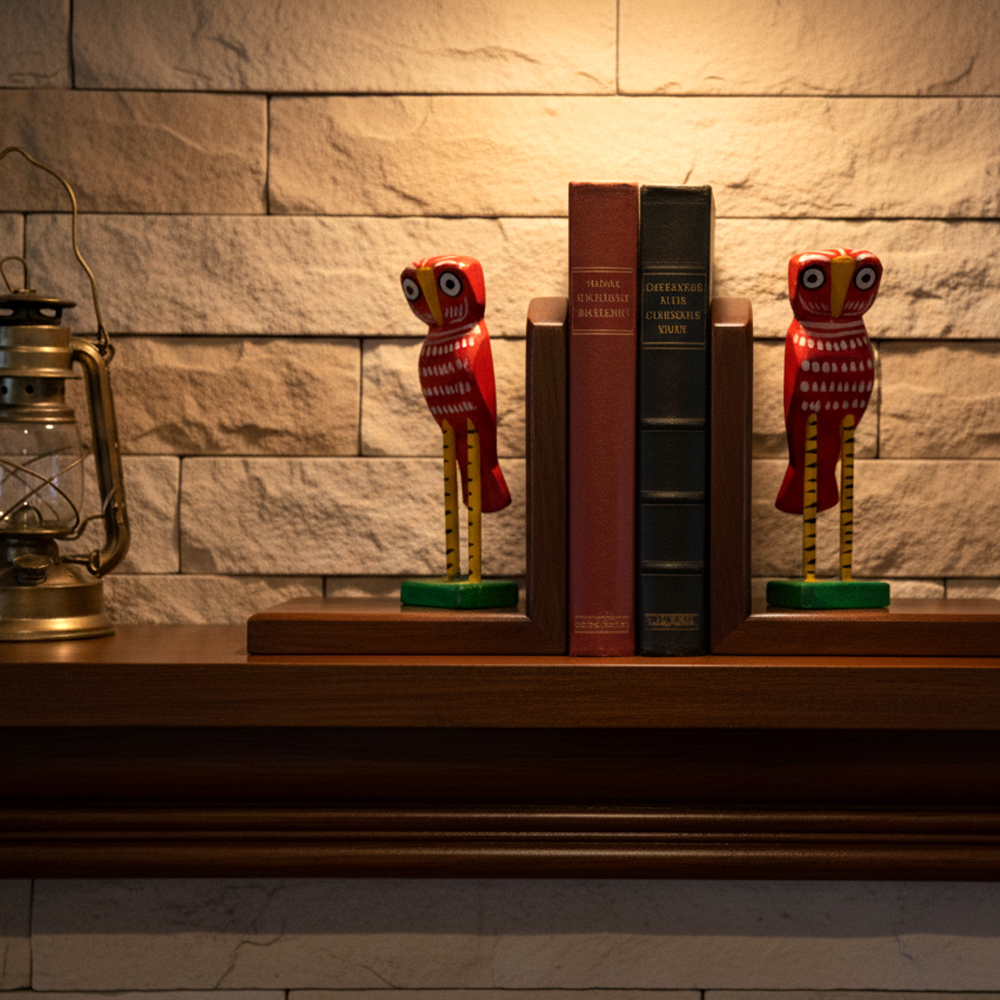 🦉 Striking Red & Yellow Long-Legged Wooden Owl (Set of 2) - View 3